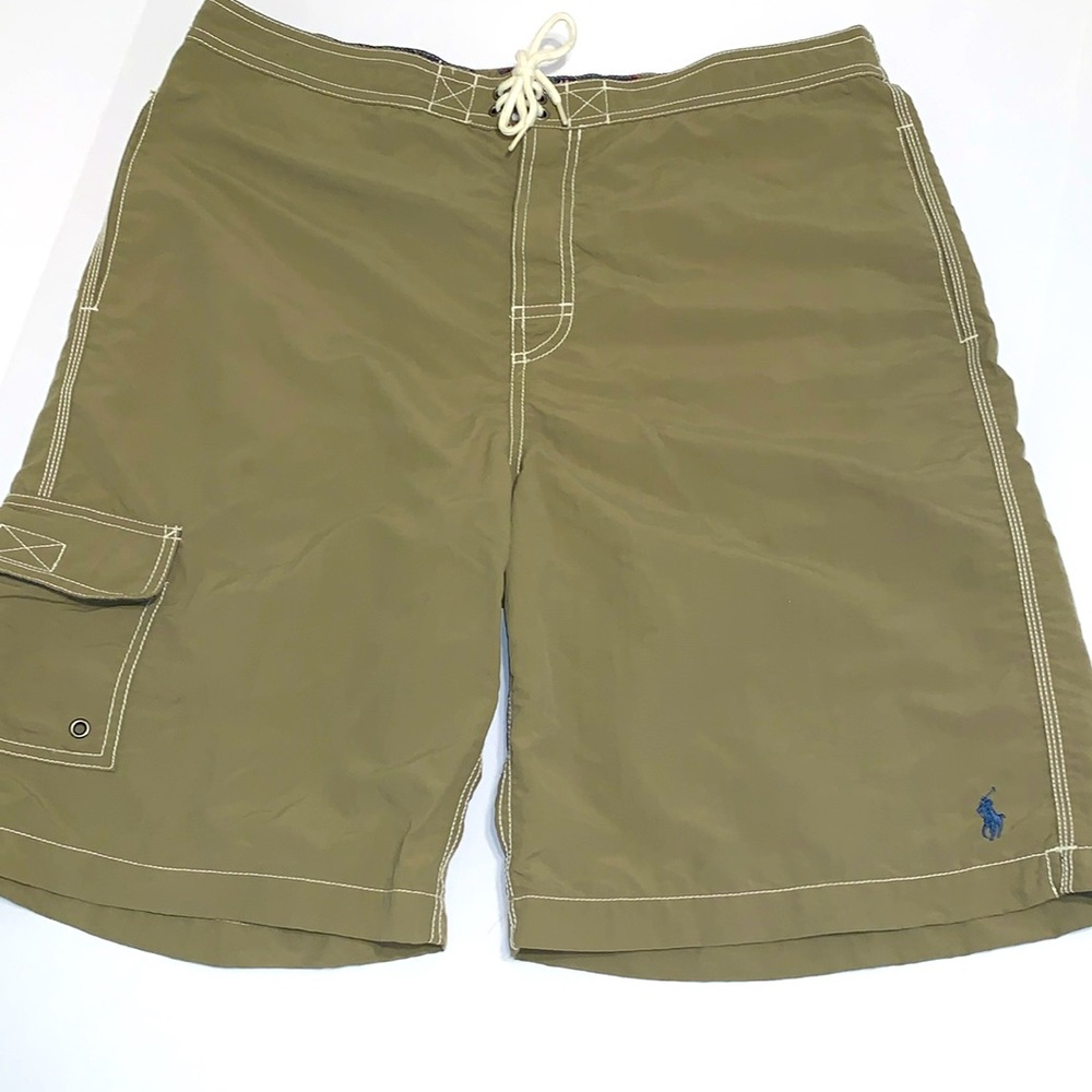 Vintage 80s 90s Polo Ralph Lauren Olive Board Shorts Swim Trunks Blue Pony Large